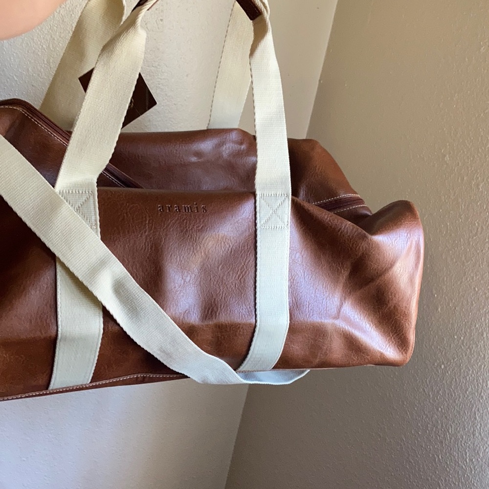 vintage ARAMIS duffel brown white FAUX leather classic traveling hand bag